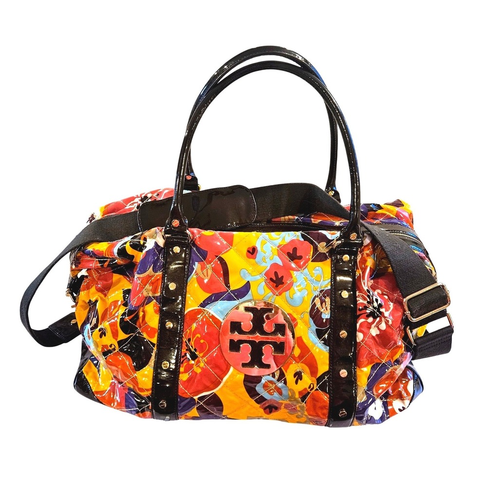 Tory Burch XL 22x24 Perfect Weekender Quilted Floral Patent Brown Gold Hardware‎